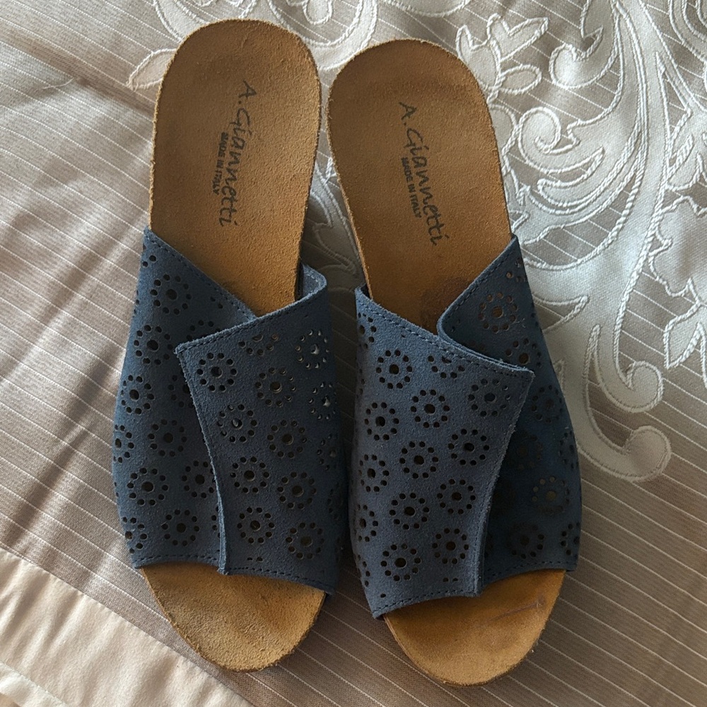 A. Giannetti Women's Navy Suede Perforated Sandals with cork wedge heel